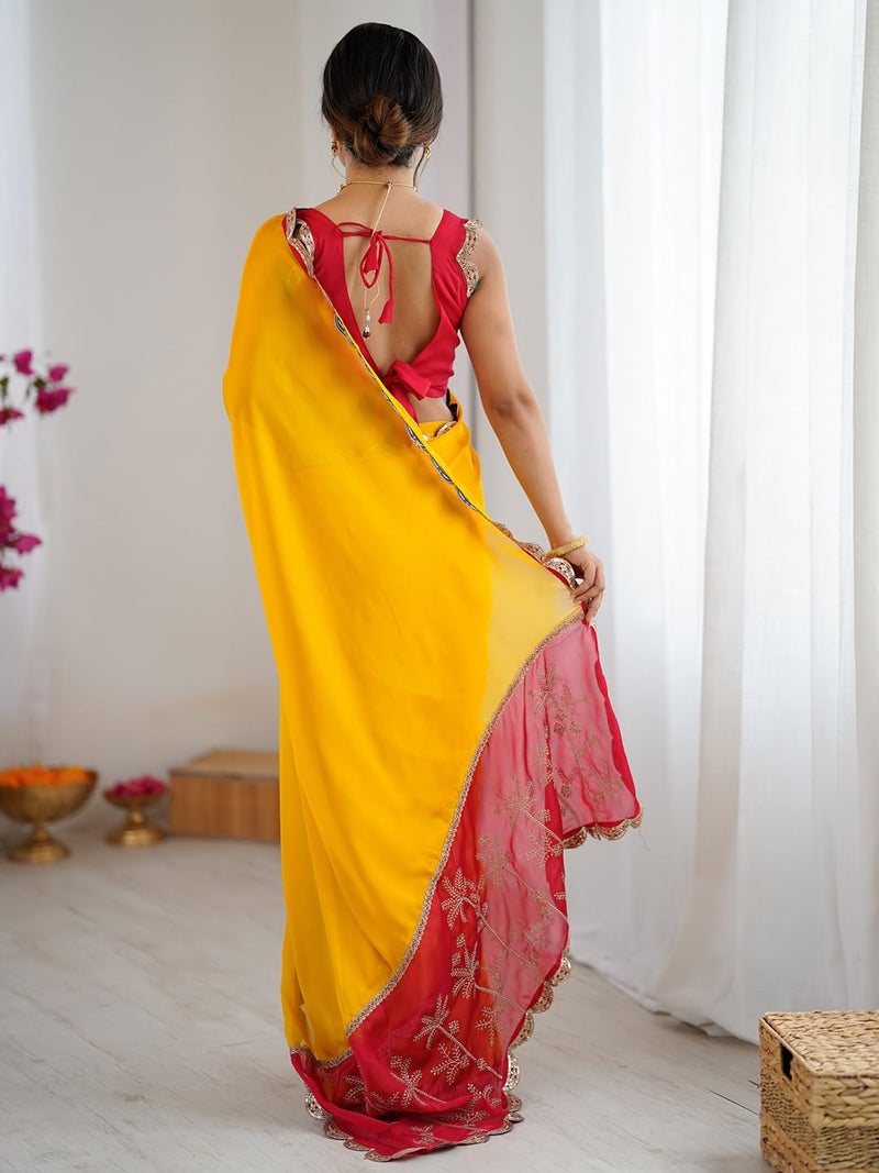 SAREE MALL Women's Yellow Georgette Embellished Saree With Unstitched Blouse Piece(GOPI4502_RX) - Image 2