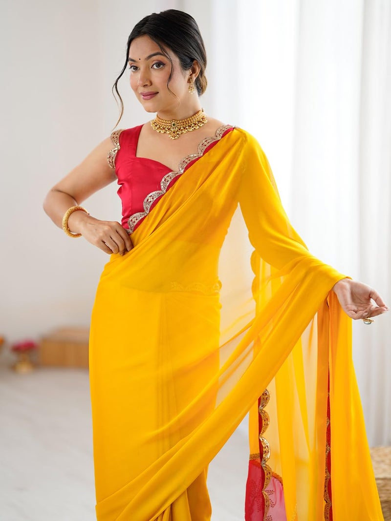 SAREE MALL Women's Yellow Georgette Embellished Saree With Unstitched Blouse Piece(GOPI4502_RX) - Image 5