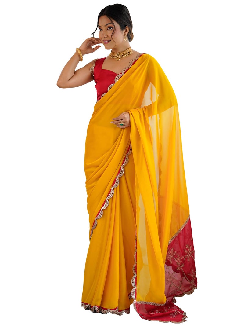 SAREE MALL Women's Yellow Georgette Embellished Saree With Unstitched Blouse Piece(GOPI4502_RX) - Image 1