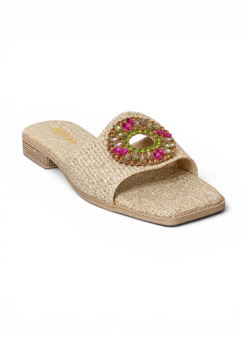 LIFESTYLISH slippers Canvas flat With a round, studded accessory SL-233 - Burlap - Image 2