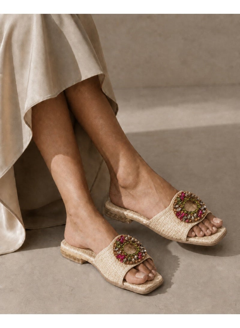 LIFESTYLISH slippers Canvas flat With a round, studded accessory SL-233 - Burlap - Image 1