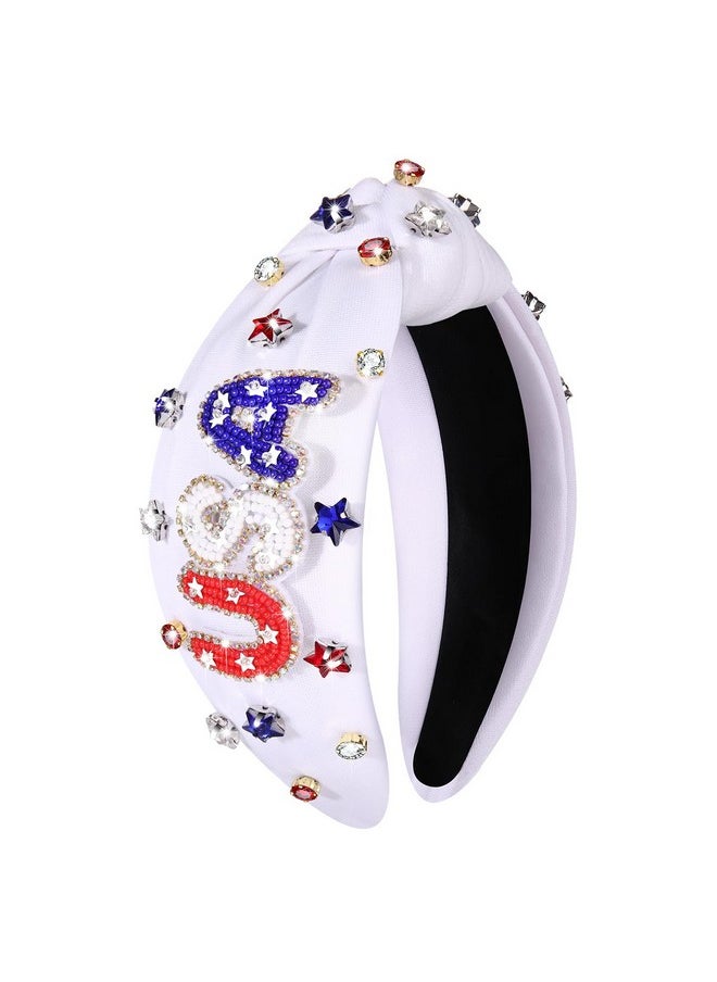 Boderier Headband, White 4Th Of July Headband With Top Knot Design, Beaded Usa Charms, Red White Blue Crystals, Perfect For Independence Day, Patriotic Party Accessories, Women'S Hairband 