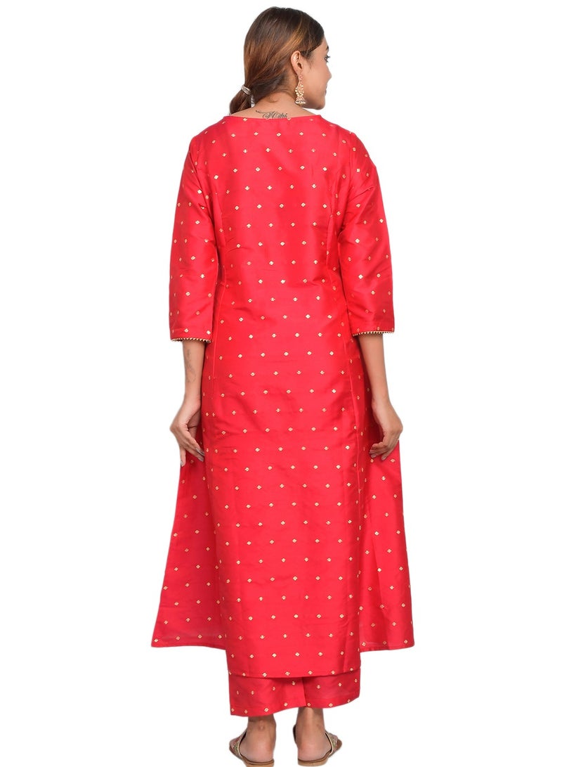 Riara Women Bright Red Kurta Pant Set Summer Suit Solid Colour Flared Kurti with Pant Casual Kurta Set for Girls Art Silk (Taffeta Booty) Size S  - Image 4