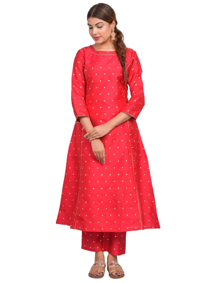Riara Women Bright Red Kurta Pant Set Summer Suit Solid Colour Flared Kurti with Pant Casual Kurta Set for Girls Art Silk (Taffeta Booty) Size S  - Image 2
