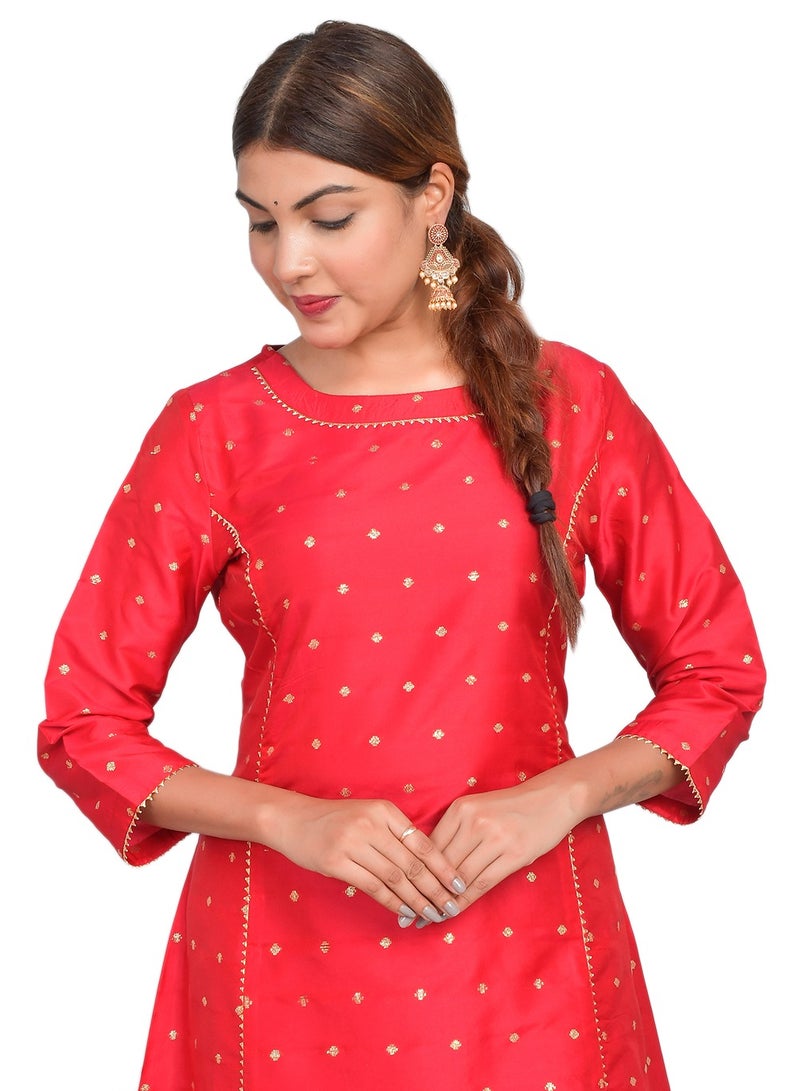 Riara Women Bright Red Kurta Pant Set Summer Suit Solid Colour Flared Kurti with Pant Casual Kurta Set for Girls Art Silk (Taffeta Booty) Size S  - Image 3