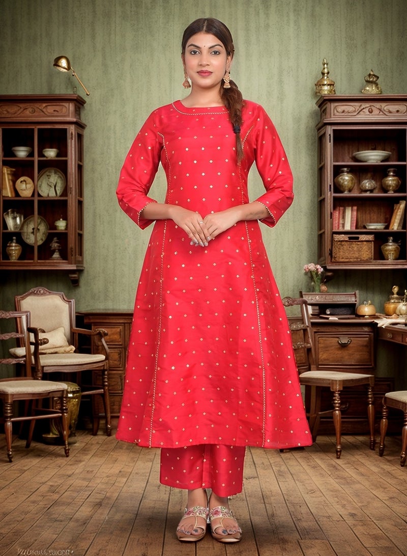 Riara Women Bright Red Kurta Pant Set Summer Suit Solid Colour Flared Kurti with Pant Casual Kurta Set for Girls Art Silk (Taffeta Booty) Size S  - Image 1
