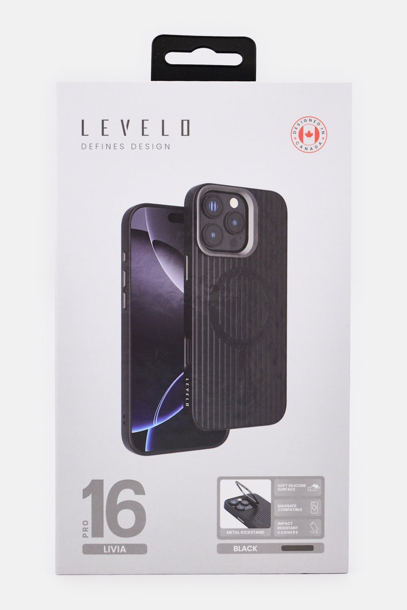 LEVELO iPhone 16 pro Livia Silicone Protective Case With Camera Ring Stand, Black - Image 2