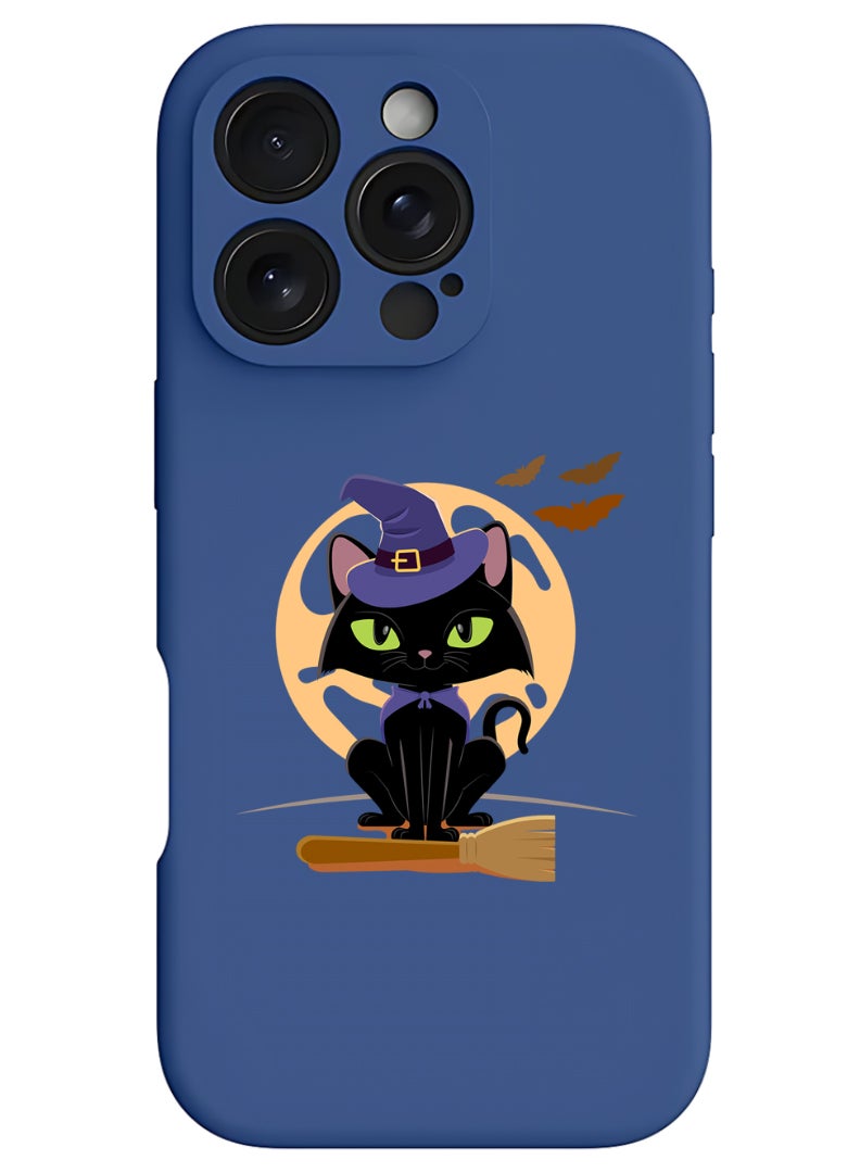 Theodor iPhone 16 Pro Max Blue Protective Slim Fit Case Liquid Silicone Cover with Full Body Protection Anti-Scratch Shockproof Case For iPhone - Cat Halloween with broom - Image 1