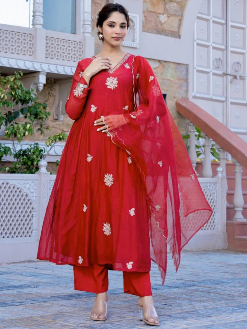 Naixa Women's Chanderi Silk Embroidered Flared Kurta with Pant and Dupatta Sets (NX-M-Kiana-Red-S) - Image 2