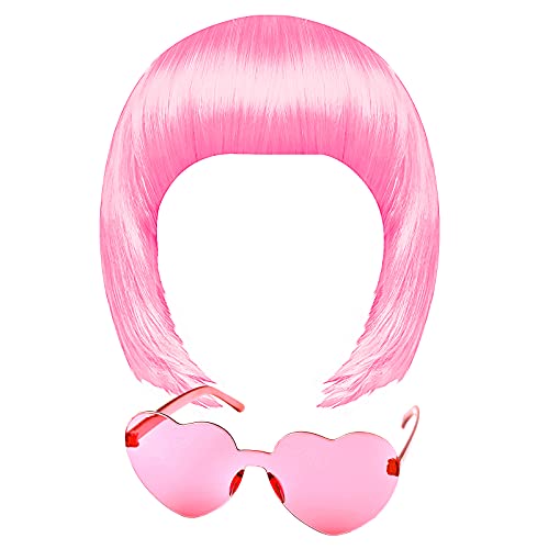 MIAHART Pink Short Bob Wig and Sunglass Set, Neon Colored Wigs Costume Colorful Cosplay Wigs Daily Party Hairpieces for Bachelorette Glow in The Dark Neon Party Favors Halloween Decorations Supplies - Image 1