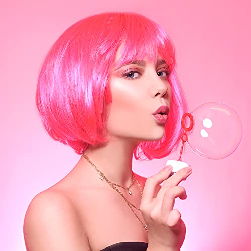 MIAHART Pink Short Bob Wig and Sunglass Set, Neon Colored Wigs Costume Colorful Cosplay Wigs Daily Party Hairpieces for Bachelorette Glow in The Dark Neon Party Favors Halloween Decorations Supplies - Image 5