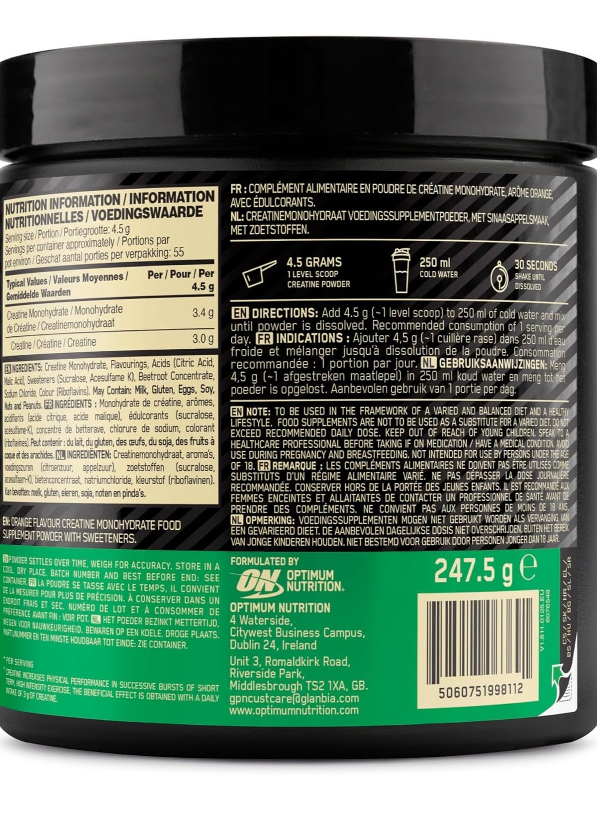 Optimum Nutrition Micronised Creatine 247.5G Orange