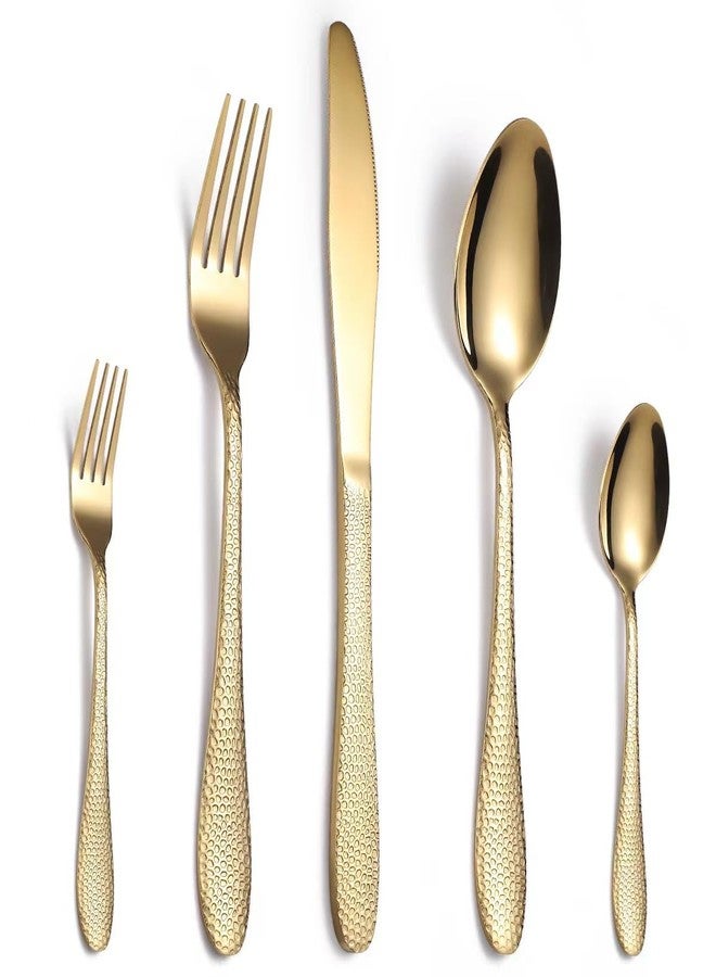 WE-CEF Hammered Silverware Set 5 - Piece Gold Flatware Cutlery Set, Stainless Steel Eating Utensils for Kitchen Tablware Hotel Restaurant Party, Modern Design Mix Spoon Set (5, Gold) - Image 1