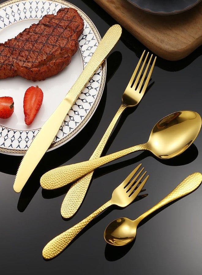 WE-CEF Hammered Silverware Set 5 - Piece Gold Flatware Cutlery Set, Stainless Steel Eating Utensils for Kitchen Tablware Hotel Restaurant Party, Modern Design Mix Spoon Set (5, Gold) - Image 3