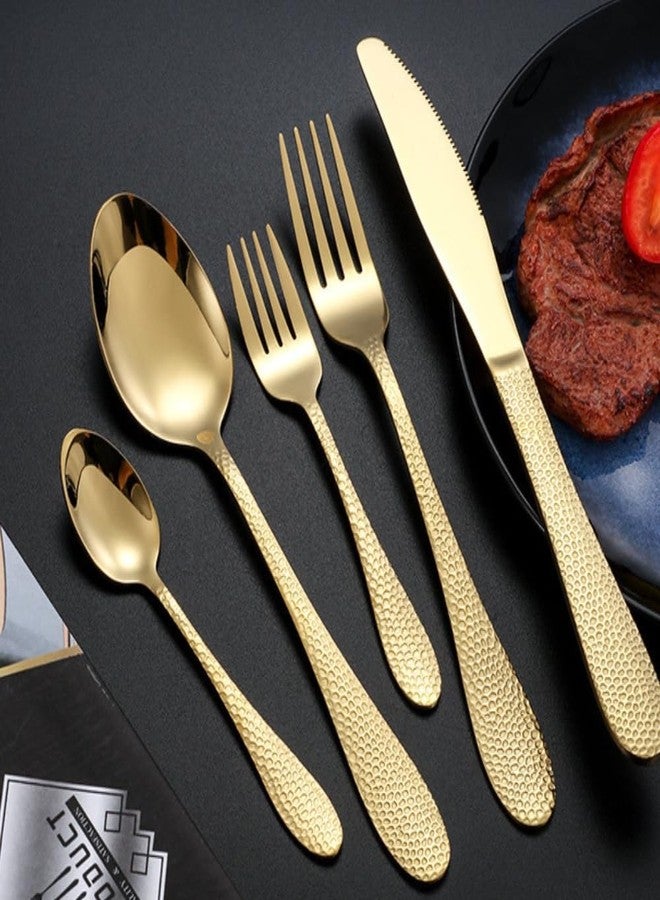 WE-CEF Hammered Silverware Set 5 - Piece Gold Flatware Cutlery Set, Stainless Steel Eating Utensils for Kitchen Tablware Hotel Restaurant Party, Modern Design Mix Spoon Set (5, Gold) - Image 2