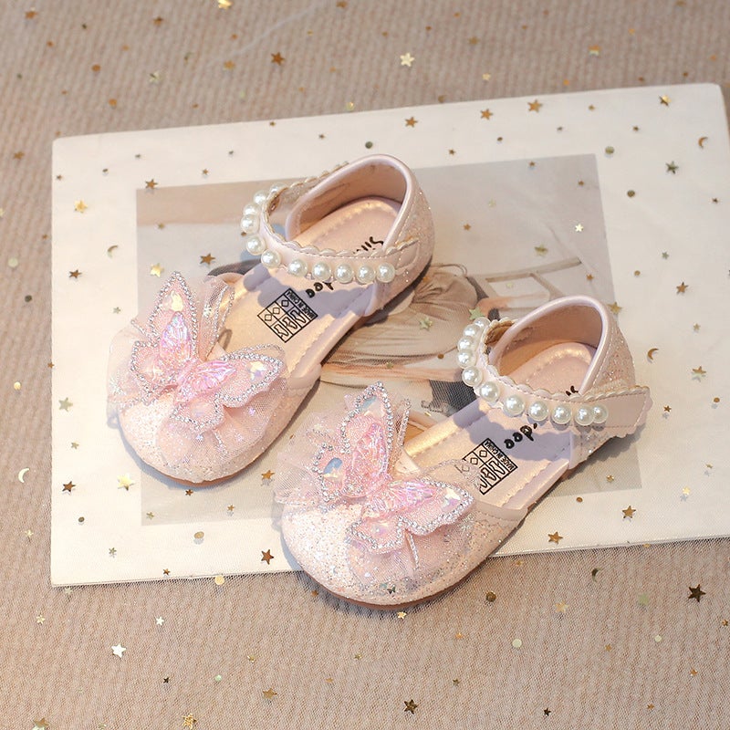 Girls Shoes Crystal Shoes 2024 Spring and Autumn New Children Shoes Princess Shoes Single-layer Shoes Soft-soled Leather Shoes for Little Girls Pink