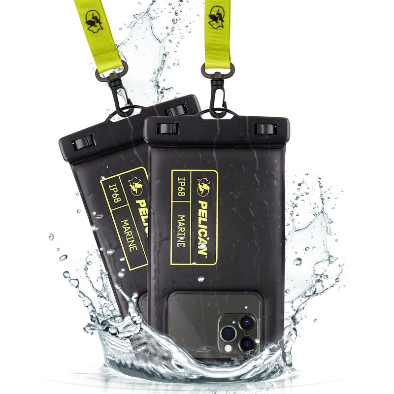Pelican 2 Pack Marine - IP68 Waterproof Phone Pouch (Regular Size) Floating Waterproof Phone Case - Beach Cruise Ship Travel Essentials - Works w/All Phones - Detachable Lanyard - Black/Hi-Vis Yellow - Image 1