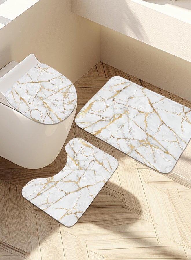 Newsely 4Pcs White and Gold Marble Shower Curtain Set With Non-Slip Rugs, Toilet Lid Cover and Bath Mat, Abstract Modern Crack Line Shower Curtain With 12 Hooks, Luxury Bath Curtain for Bathroom Decor - Image 3