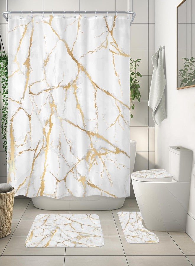 Newsely 4Pcs White and Gold Marble Shower Curtain Set With Non-Slip Rugs, Toilet Lid Cover and Bath Mat, Abstract Modern Crack Line Shower Curtain With 12 Hooks, Luxury Bath Curtain for Bathroom Decor - Image 2