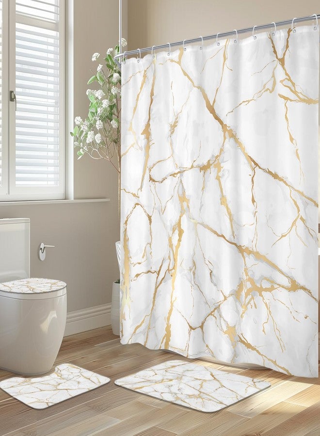Newsely 4Pcs White and Gold Marble Shower Curtain Set With Non-Slip Rugs, Toilet Lid Cover and Bath Mat, Abstract Modern Crack Line Shower Curtain With 12 Hooks, Luxury Bath Curtain for Bathroom Decor - Image 1