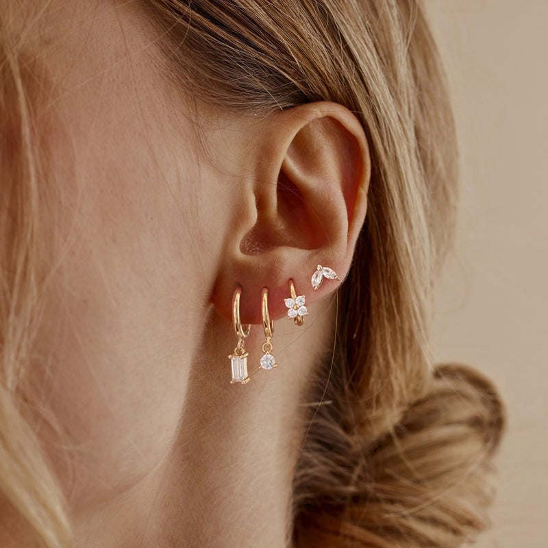 KICKGY Earring Sets for Multiple Piercings, Cute 14K Gold Plated CZ Huggie Hoop Earrings Dainty Dangle Earrings for Women Trendy Leaf Stud Earrings Hypoallergenic Gold Cartilage Earring Set - Image 4