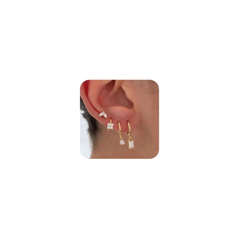 KICKGY Earring Sets for Multiple Piercings, Cute 14K Gold Plated CZ Huggie Hoop Earrings Dainty Dangle Earrings for Women Trendy Leaf Stud Earrings Hypoallergenic Gold Cartilage Earring Set - Image 1