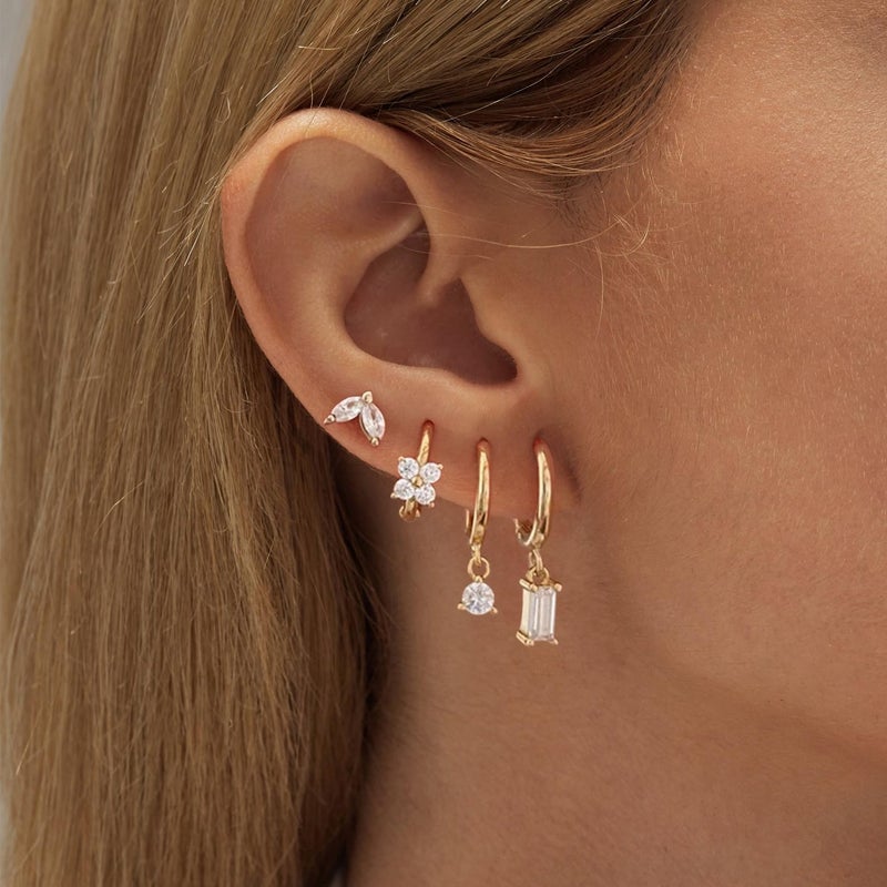 KICKGY Earring Sets for Multiple Piercings, Cute 14K Gold Plated CZ Huggie Hoop Earrings Dainty Dangle Earrings for Women Trendy Leaf Stud Earrings Hypoallergenic Gold Cartilage Earring Set - Image 3