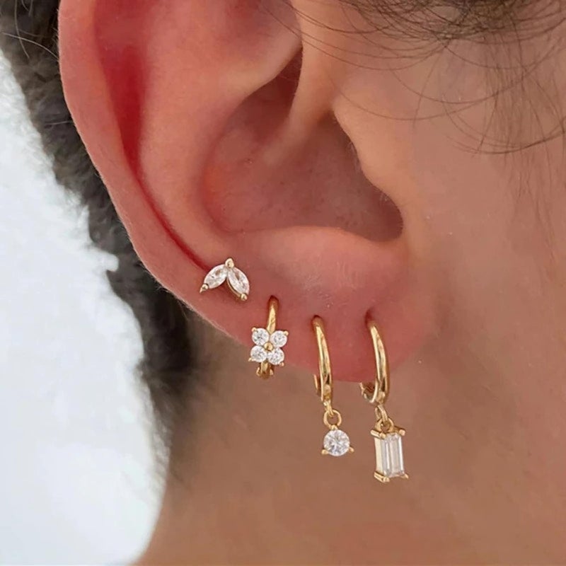 KICKGY Earring Sets for Multiple Piercings, Cute 14K Gold Plated CZ Huggie Hoop Earrings Dainty Dangle Earrings for Women Trendy Leaf Stud Earrings Hypoallergenic Gold Cartilage Earring Set - Image 2
