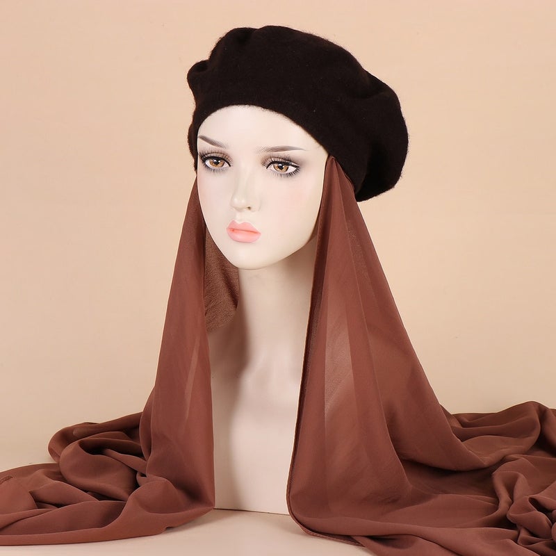 In-Stock Multi-Color Beret Hat With Chiffon Integrated Scarf, Fashionable Headscarf Hat, Scarf Hat - Image 4