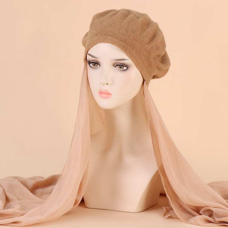In-Stock Multi-Color Beret Hat With Chiffon Integrated Scarf, Fashionable Headscarf Hat, Scarf Hat - Image 5