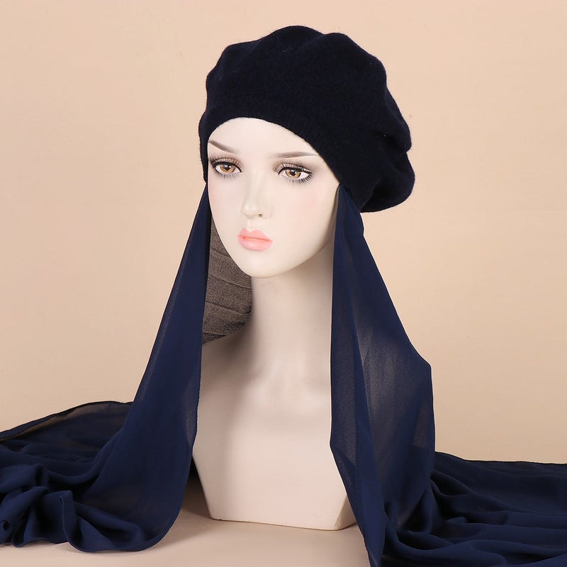 In-Stock Multi-Color Beret Hat With Chiffon Integrated Scarf, Fashionable Headscarf Hat, Scarf Hat - Image 2