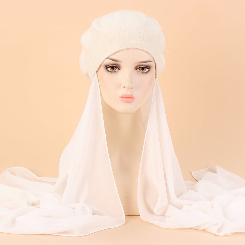 In-Stock Multi-Color Beret Hat With Chiffon Integrated Scarf, Fashionable Headscarf Hat, Scarf Hat - Image 1