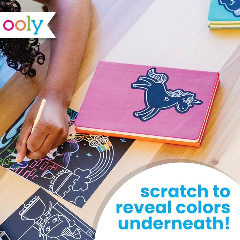Ooly Scratch & Scribble 10pc Art Kit with 8 Total Scratch Cards (4 Illustrated, 2 Blank, 2 Rainbow) with Scratching Tool and Sparkled Stickers, Art Set Gifts for Kids - Colorful Safari - Image 2