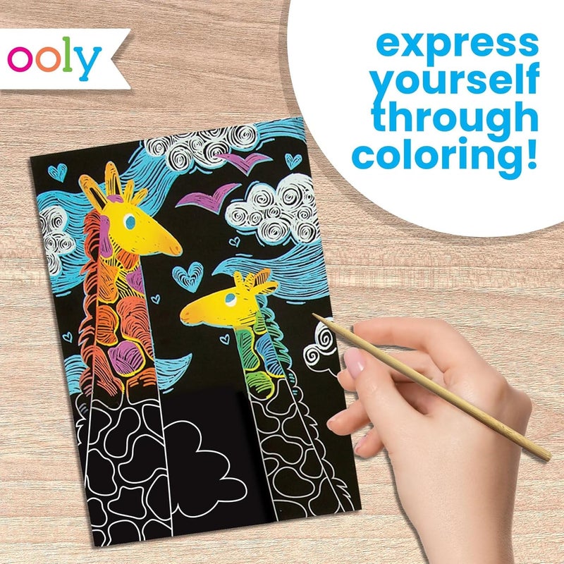 Ooly Scratch & Scribble 10pc Art Kit with 8 Total Scratch Cards (4 Illustrated, 2 Blank, 2 Rainbow) with Scratching Tool and Sparkled Stickers, Art Set Gifts for Kids - Colorful Safari - Image 4