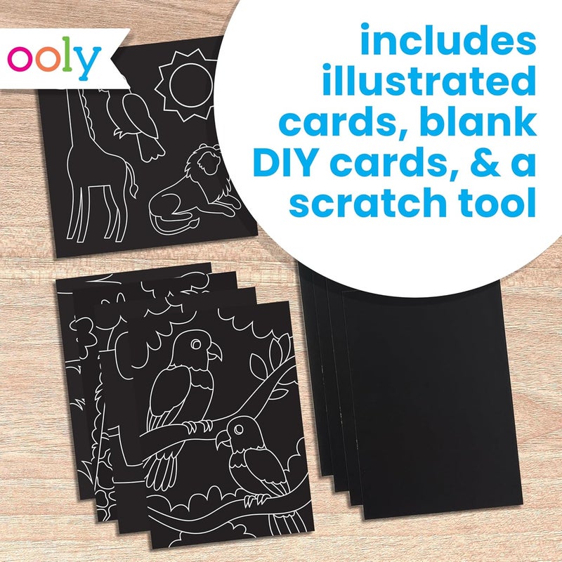 Ooly Scratch & Scribble 10pc Art Kit with 8 Total Scratch Cards (4 Illustrated, 2 Blank, 2 Rainbow) with Scratching Tool and Sparkled Stickers, Art Set Gifts for Kids - Colorful Safari - Image 5