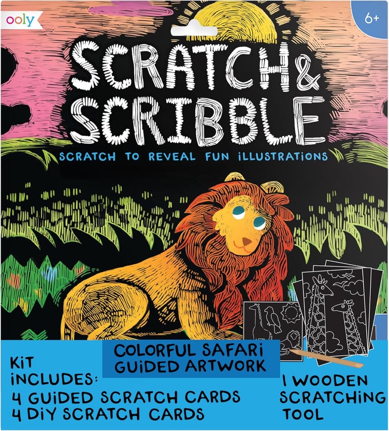 Ooly Scratch & Scribble 10pc Art Kit with 8 Total Scratch Cards (4 Illustrated, 2 Blank, 2 Rainbow) with Scratching Tool and Sparkled Stickers, Art Set Gifts for Kids - Colorful Safari - Image 1