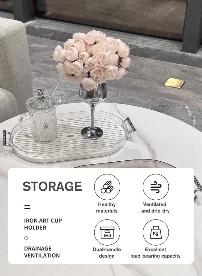 Sunnaltree Double Serving Tray, with Removable Drain Tray, Silver Polished Metal Handle, Spill-Proof Tray, Decorative Serving Tray for Coffee Table, Tea, Storage, Living Room, Bedroom - Image 2