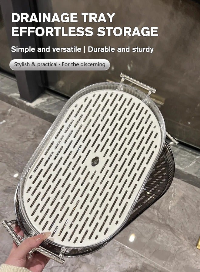 Sunnaltree Double Serving Tray, with Removable Drain Tray, Silver Polished Metal Handle, Spill-Proof Tray, Decorative Serving Tray for Coffee Table, Tea, Storage, Living Room, Bedroom - Image 3