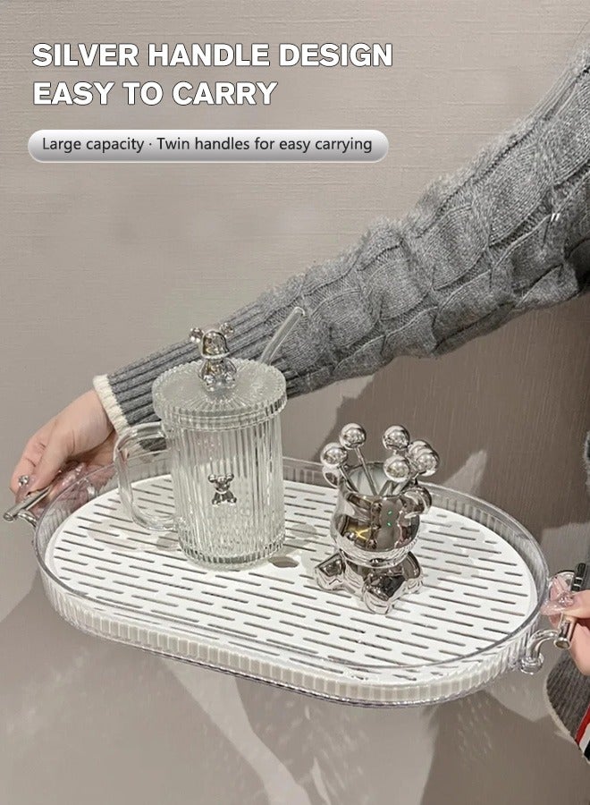 Sunnaltree Double Serving Tray, with Removable Drain Tray, Silver Polished Metal Handle, Spill-Proof Tray, Decorative Serving Tray for Coffee Table, Tea, Storage, Living Room, Bedroom - Image 4