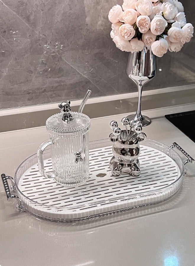 Sunnaltree Double Serving Tray, with Removable Drain Tray, Silver Polished Metal Handle, Spill-Proof Tray, Decorative Serving Tray for Coffee Table, Tea, Storage, Living Room, Bedroom - Image 1