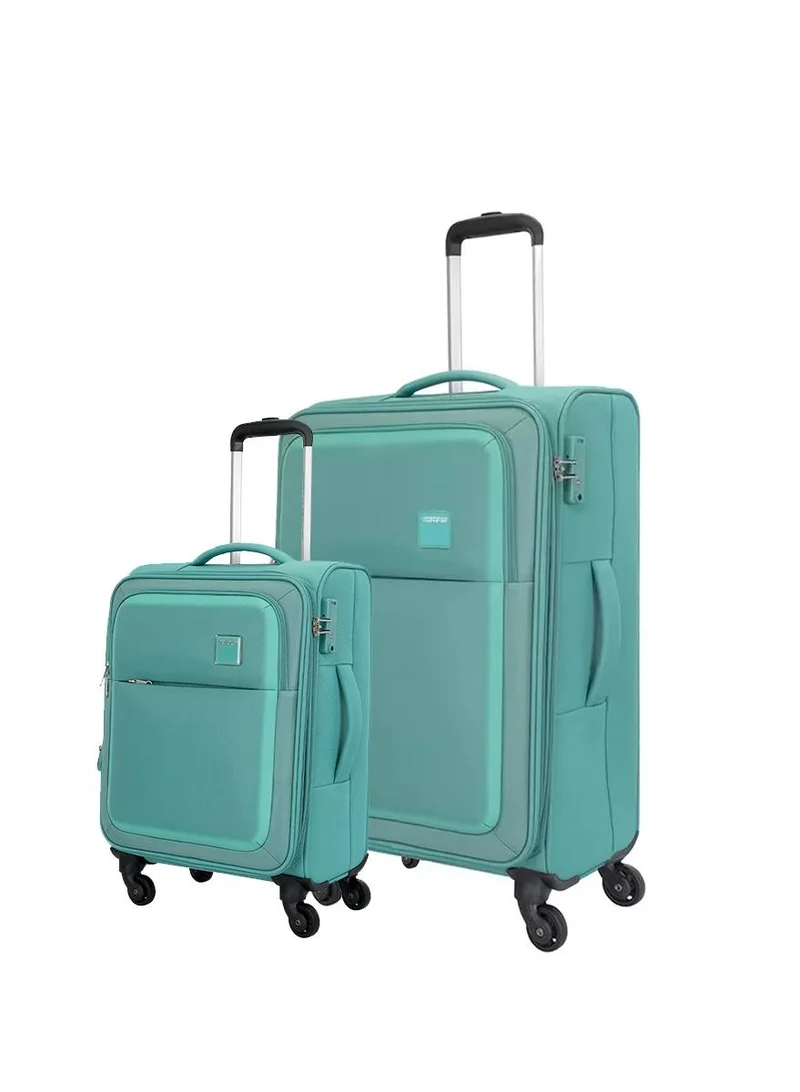 American Tourister seville suitcase, 2pc set (57 + 69 cm), 4 wheels, soft top, polyester, green|tsa lock|front storage compartment|inner mesh zippered pocket - 3 years international warranty