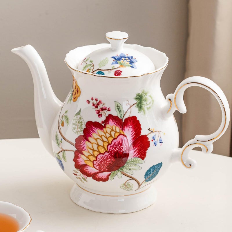Jomop European Style Ceramic Flower Teapot Coffee Pot Water Pot Porcelain Gift Large 5.5 Cups (1, Blue and Red) - Image 2