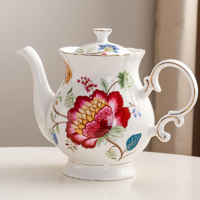 Jomop European Style Ceramic Flower Teapot Coffee Pot Water Pot Porcelain Gift Large 5.5 Cups (1, Blue and Red) - Image 3