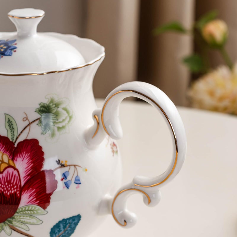 Jomop European Style Ceramic Flower Teapot Coffee Pot Water Pot Porcelain Gift Large 5.5 Cups (1, Blue and Red) - Image 5