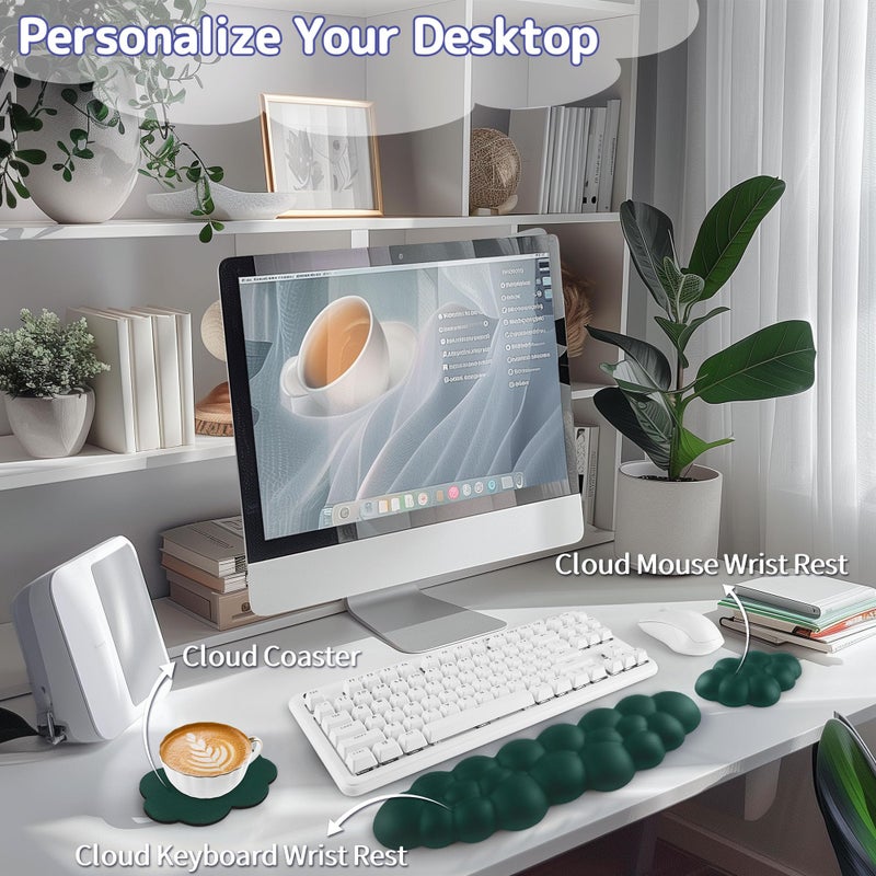 Sushret Cloud Wrist Rest Keyboard, Cloud Keyboard Wrist Pad Set with PU Leather Memory Foam, Cute Arm Rest for Palm Support, PC/Gaming Desk Accessories/Office Setup/Computer Hand Cushion - Dark Green - Image 2