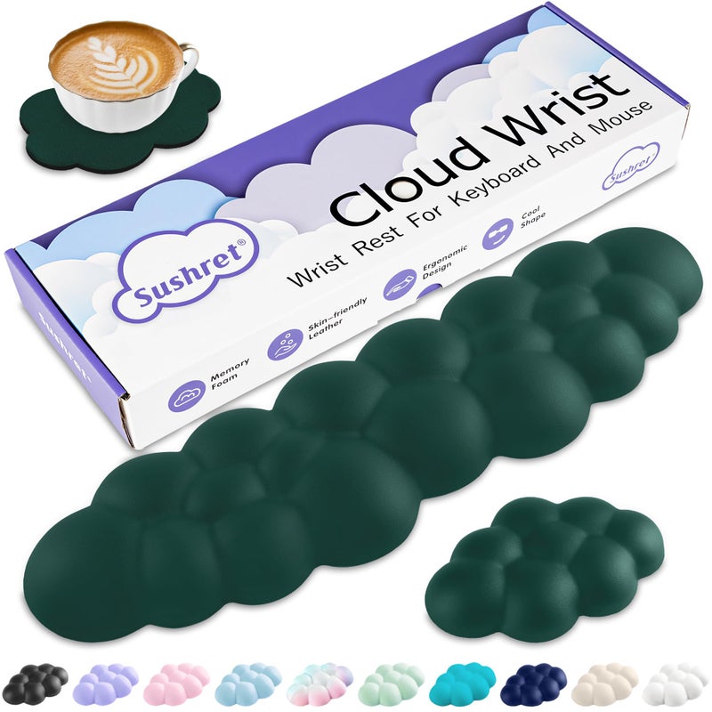 Sushret Cloud Wrist Rest Keyboard, Cloud Keyboard Wrist Pad Set with PU Leather Memory Foam, Cute Arm Rest for Palm Support, PC/Gaming Desk Accessories/Office Setup/Computer Hand Cushion - Dark Green - Image 1