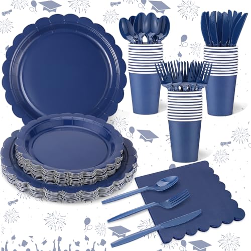 Xiangqu 175 Pcs Navy Blue Plates and Napkins, 25 Guest Navy Blue Graduation Party Supplies Includes Scalloped Plates Napkins Cups Plastic Cutlery for 2026 Graduation, Birthday, Wedding, Picnic - Image 1