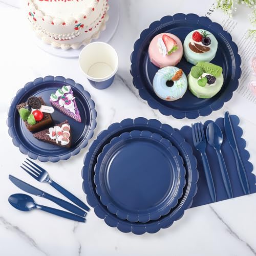 Xiangqu 175 Pcs Navy Blue Plates and Napkins, 25 Guest Navy Blue Graduation Party Supplies Includes Scalloped Plates Napkins Cups Plastic Cutlery for 2026 Graduation, Birthday, Wedding, Picnic - Image 5