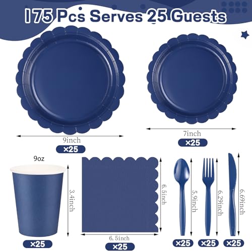 Xiangqu 175 Pcs Navy Blue Plates and Napkins, 25 Guest Navy Blue Graduation Party Supplies Includes Scalloped Plates Napkins Cups Plastic Cutlery for 2026 Graduation, Birthday, Wedding, Picnic - Image 2