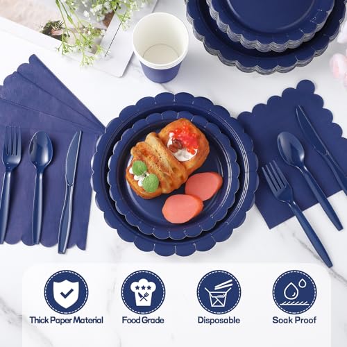Xiangqu 175 Pcs Navy Blue Plates and Napkins, 25 Guest Navy Blue Graduation Party Supplies Includes Scalloped Plates Napkins Cups Plastic Cutlery for 2026 Graduation, Birthday, Wedding, Picnic - Image 3